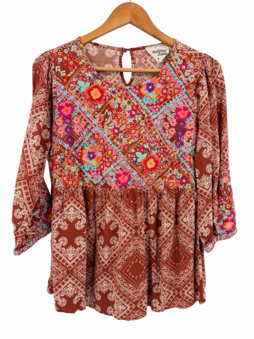 SAVANNA JANE Women's Brick Red Embroidered 3/4 Sleeve Fit & Flare Blouse Medium